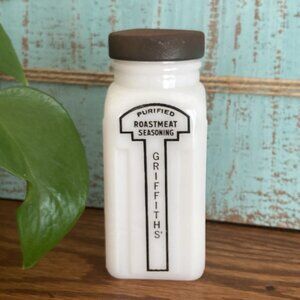 Vintage Griffith’s Milk Glass Spice Jar Roastmeat Pewter Top 4”